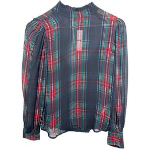 J.Crew XS Plaid Print Sheer Ruffle Mock Neck‎ Long Sleeve Top Blouse Holiday NWT